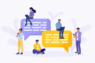 Illustrazione di persone che comunicano tramite dispositivi tecnologici.
