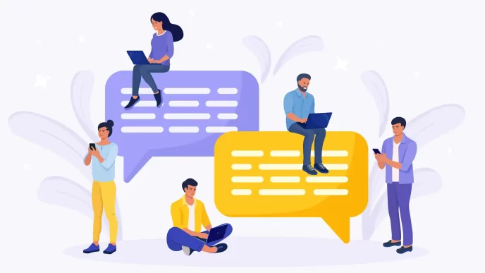 Illustrazione di persone che comunicano tramite dispositivi tecnologici.