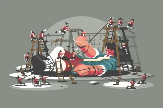 Illustrazione di Gulliver legato dai lillipuziani.