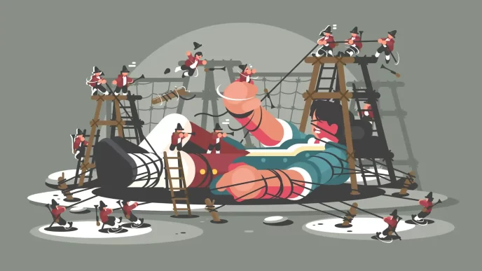 Illustrazione di Gulliver legato dai lillipuziani.