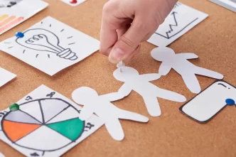 Mano che fissa ritagli di carta raffiguranti persone, grafici e idee su una bacheca.