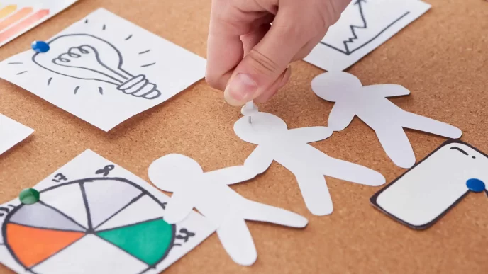 Mano che fissa ritagli di carta raffiguranti persone, grafici e idee su una bacheca.