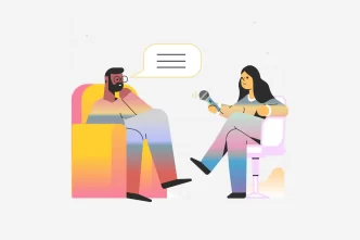 Illustrazione di un'intervista con due persone che parlano.