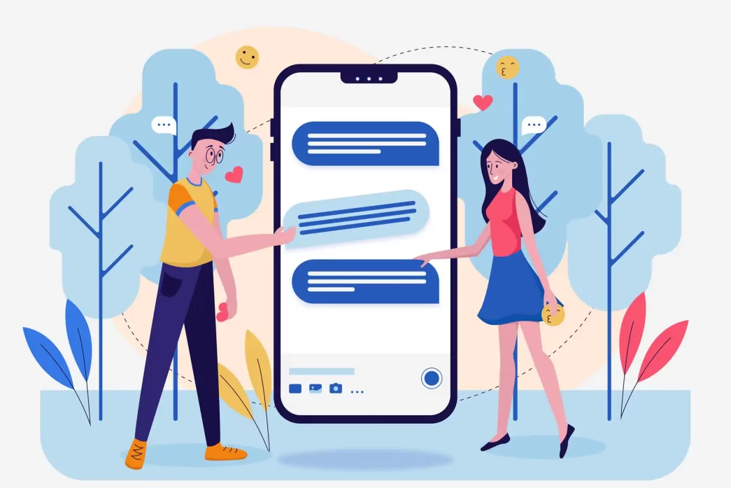 Illustrazione di persone che condividono recensioni su uno schermo di cellulare.