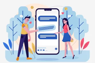 Illustrazione di persone che condividono recensioni su uno schermo di cellulare.