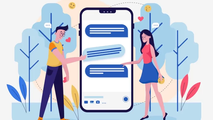 Illustrazione di persone che condividono recensioni su uno schermo di cellulare.