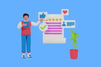 Immagine grafica di una recensione con stelle e commenti positivi.