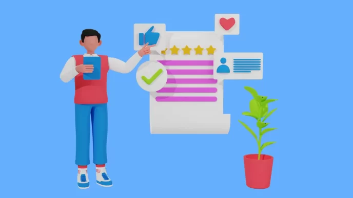 Immagine grafica di una recensione con stelle e commenti positivi.