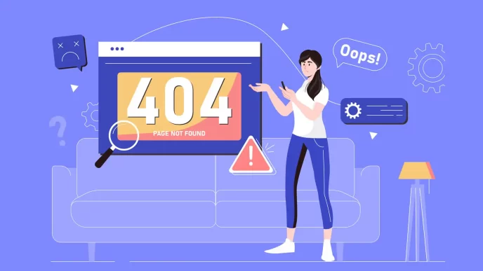 Errore 404 pagina non trovata su uno schermo con grafica.