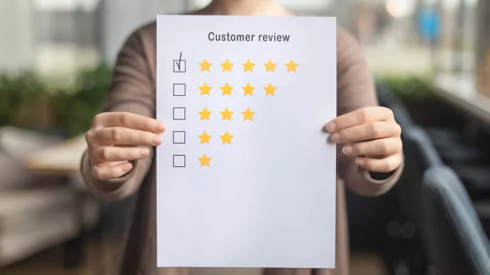 Persona che tiene un foglio con una recensione a 5 stelle.