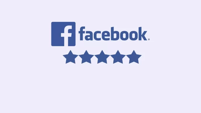 Logo di Facebook con 5 stelle di valutazione su sfondo chiaro.