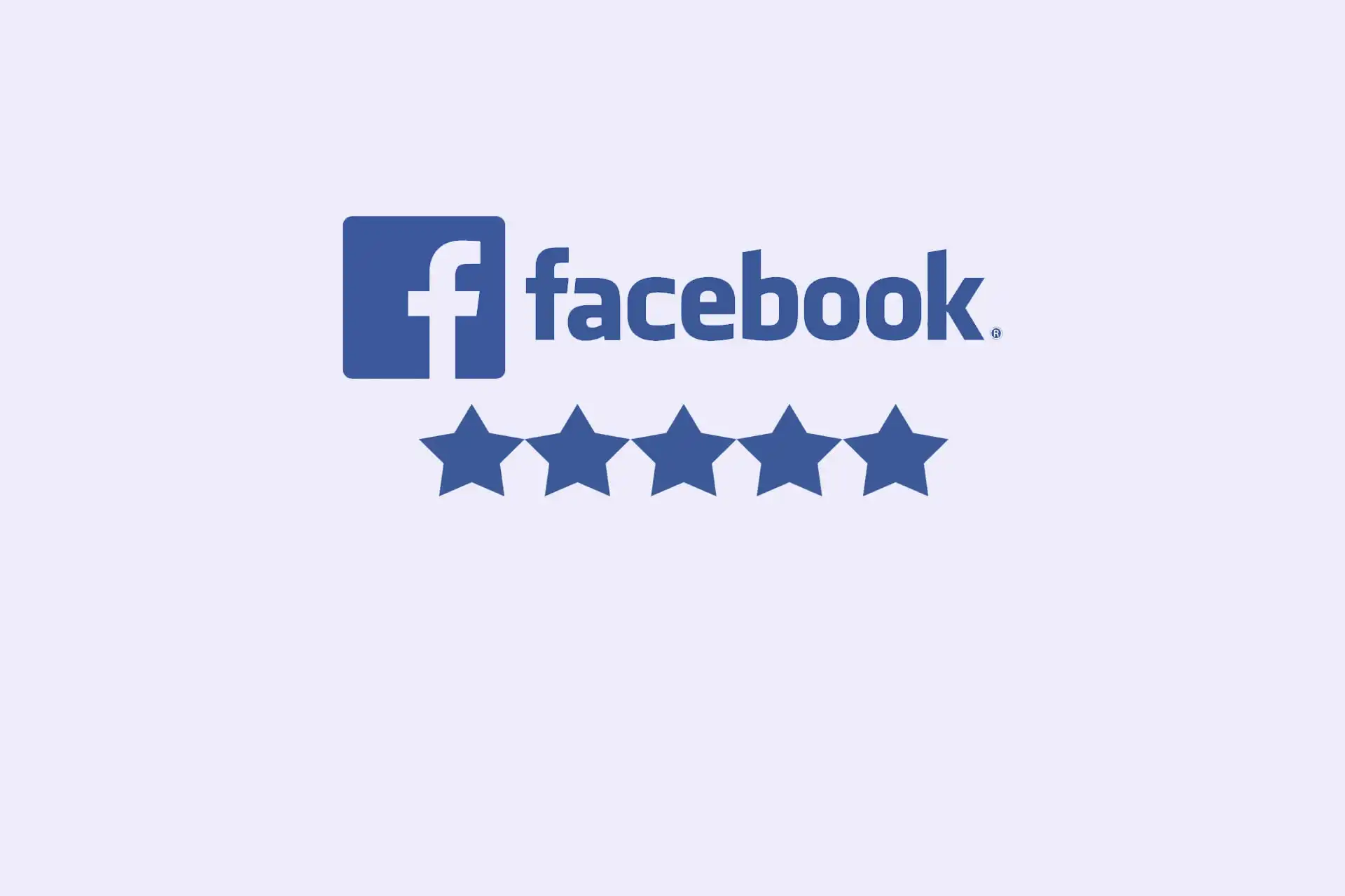 Logo di Facebook con 5 stelle di valutazione su sfondo chiaro.