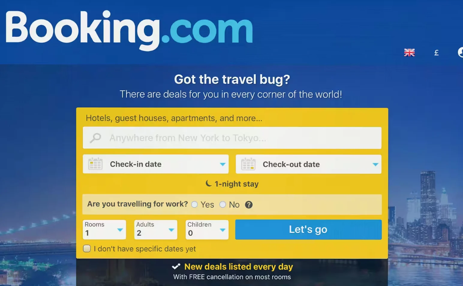 Pagina di ricerca di Booking.com per hotel, case, appartamenti con opzioni di check-in e check-out.