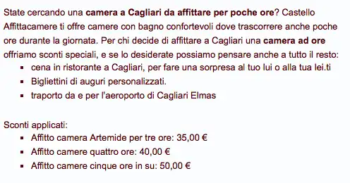 Offerta di affitto camere a Cagliari per poche ore con prezzi e servizi aggiuntivi disponibili.