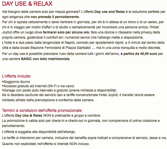 Offerta Day Use & Relax a Napoli con dettagli sui servizi inclusi e termini e condizioni.
