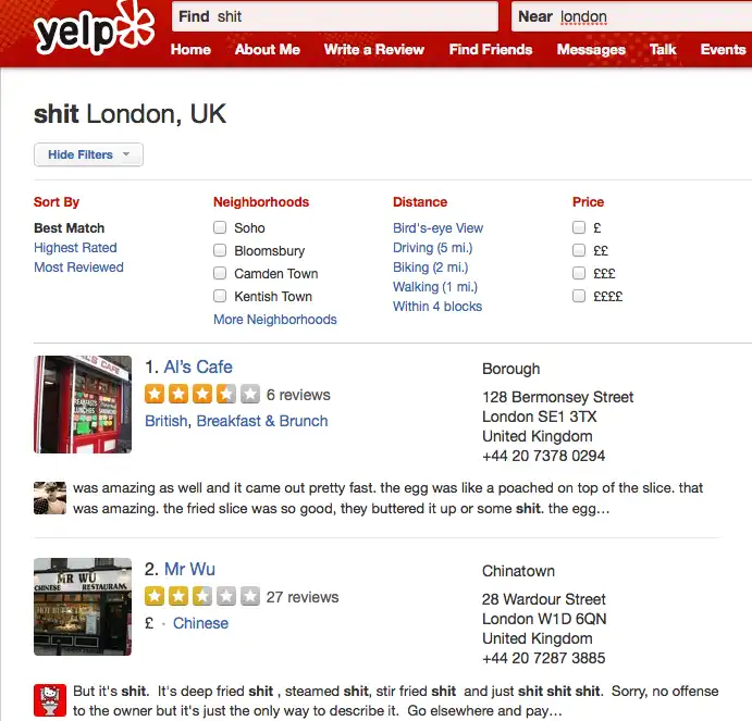 Screenshot di recensioni su Yelp per ristoranti a Londra con commenti negativi e linguaggio volgare.

