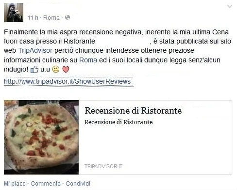 Screenshot di una recensione negativa di un ristorante su Facebook