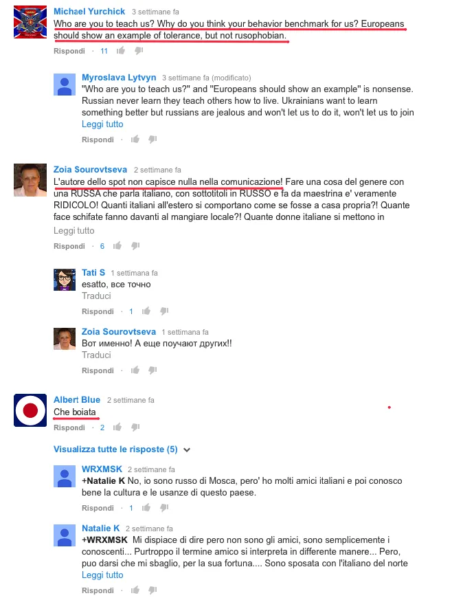 Sezione commenti di un video YouTube, con discussioni sul comportamento turistico.