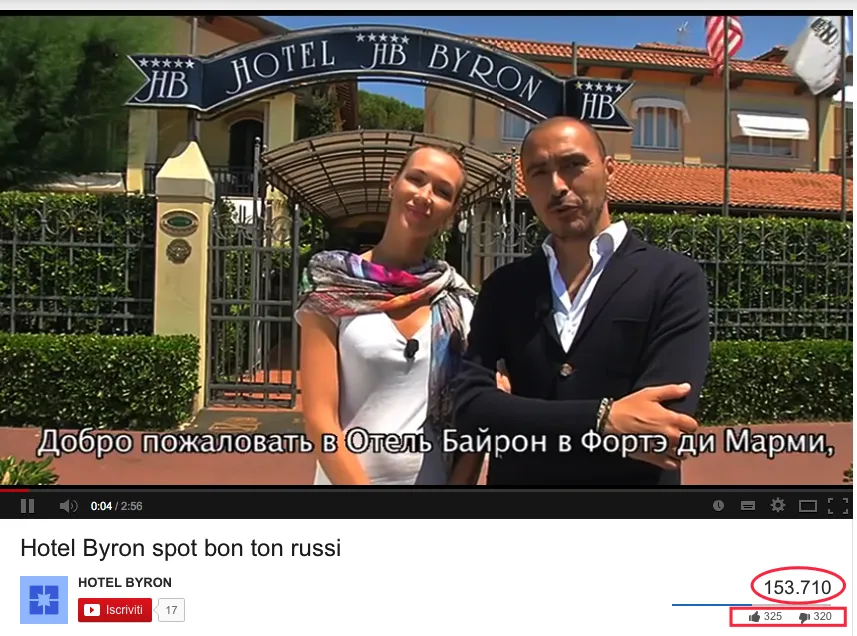 Due persone davanti all'ingresso dell'Hotel Byron, con testo in russo.