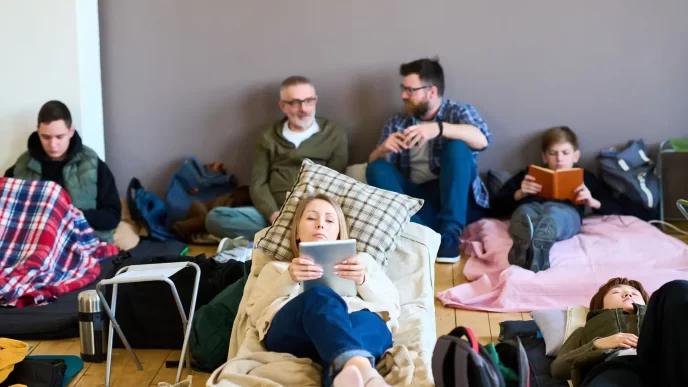 Gruppo di persone riposando in una stanza con letti improvvisati e coperte, una donna al centro usa un tablet.
