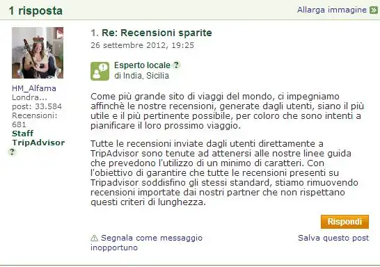 Risposta dello staff di TripAdvisor su recensioni scomparse.