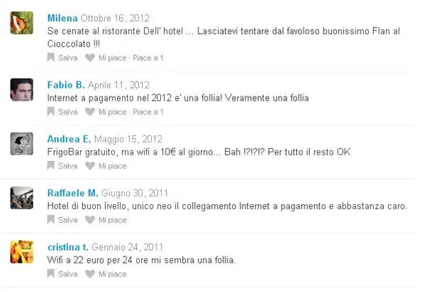 Commenti negativi su un hotel riguardo al costo del Wi-Fi su Foursquare.