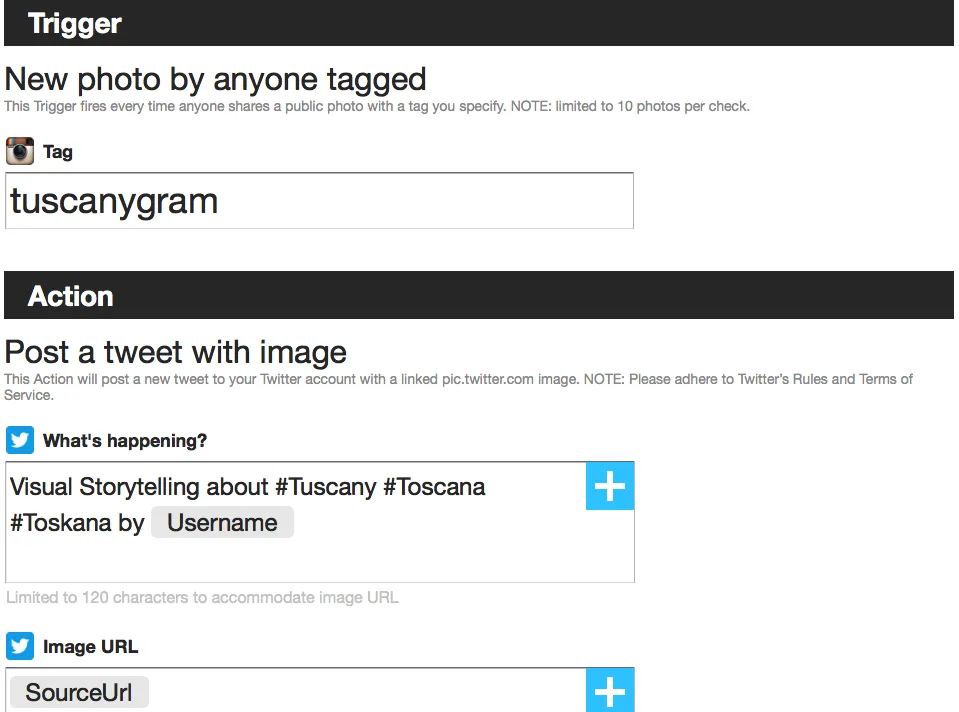 Impostazioni IFTTT per pubblicare un tweet con immagine da foto taggate #tuscanygram
