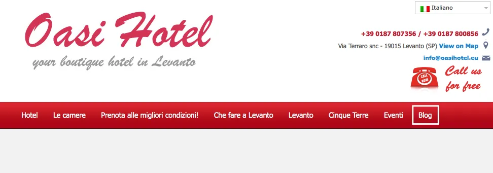 Pagina principale del sito web dell'Oasi Hotel con menù di navigazione