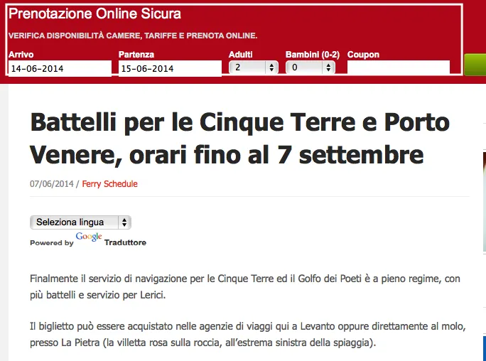 Articolo sull'orario dei battelli per le Cinque Terre e Porto Venere fino a settembre