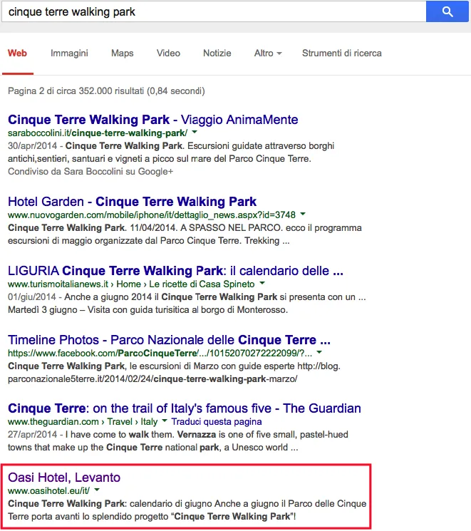 Risultati di ricerca su Google per Cinque Terre Walking Park con menzione di Oasi Hotel