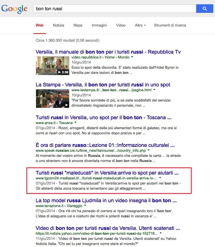 Risultati di ricerca su Google per 'bon ton russi', con vari articoli e video.