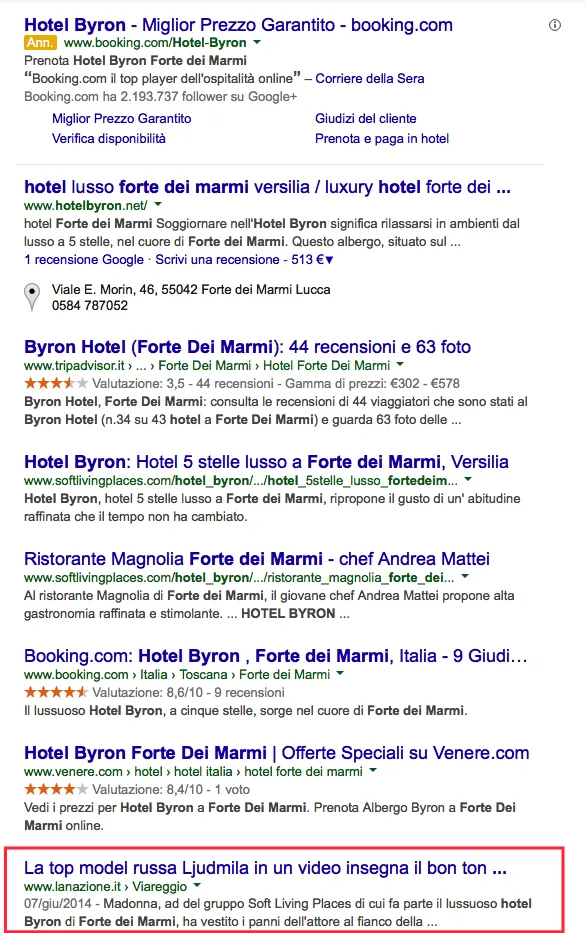 Elenco di risultati di ricerca su Google per 'Hotel Byron', includendo siti di prenotazione e recensioni.