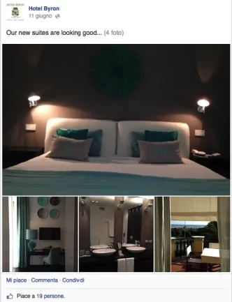 Post su Facebook dell'Hotel Byron che mostra le nuove suite con immagini delle camere e dei bagni