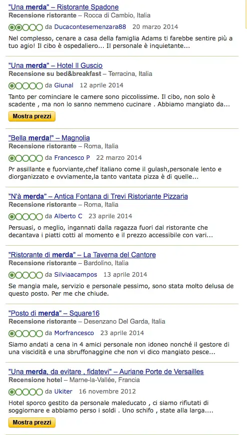 Screenshot di recensioni negative di vari ristoranti in Italia su un sito di recensioni.