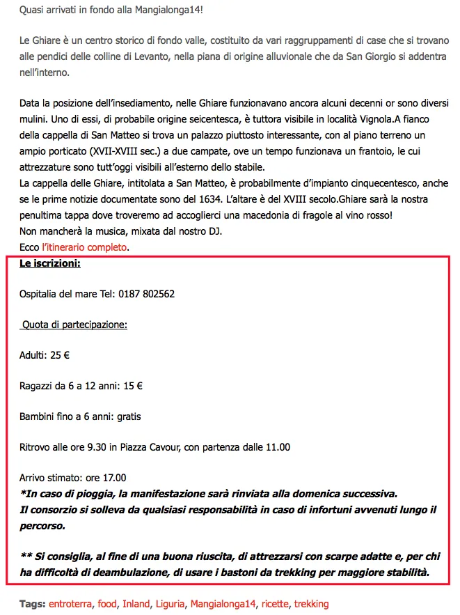 Dettagli dell'evento Mangiolonga con informazioni di contatto e quote di partecipazione