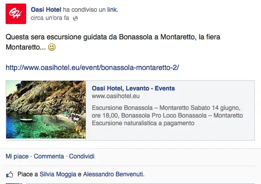 Post di Oasi Hotel su Facebook riguardo a un'escursione guidata a Bonassola