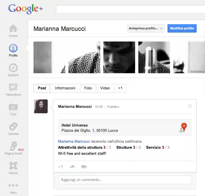 Pagina google plus dell'hotel Universo a Lucca.