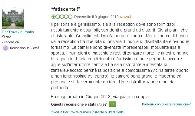 Recensione su TripAdvisor che descrive un hotel come fatiscente, criticando la pulizia e le condizioni delle camere.