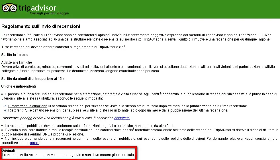 Regolamento di TripAdvisor sull'invio di recensioni, con linee guida e requisiti per la pubblicazione.
