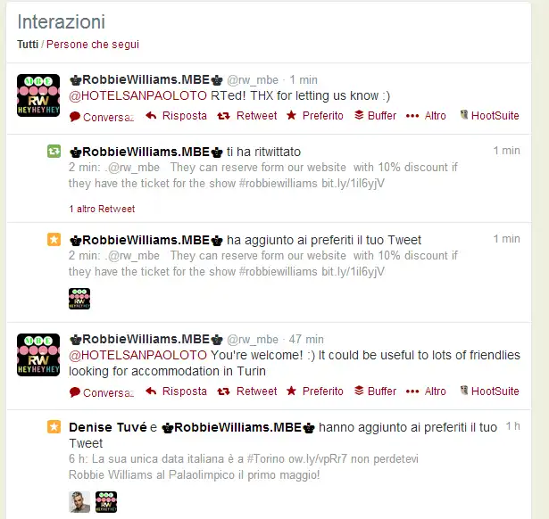 Vecchia pagina twitter, risposta all'account RobbieWilliams