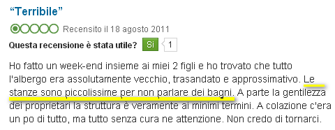 Recensione negativa di un hotel, criticando le stanze piccole e l'assenza di attenzione nella colazione.