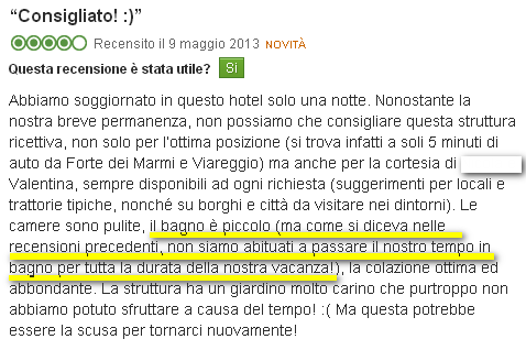 Recensione positiva di un soggiorno in hotel, menzionando un bagno piccolo e la disponibilità del personale.