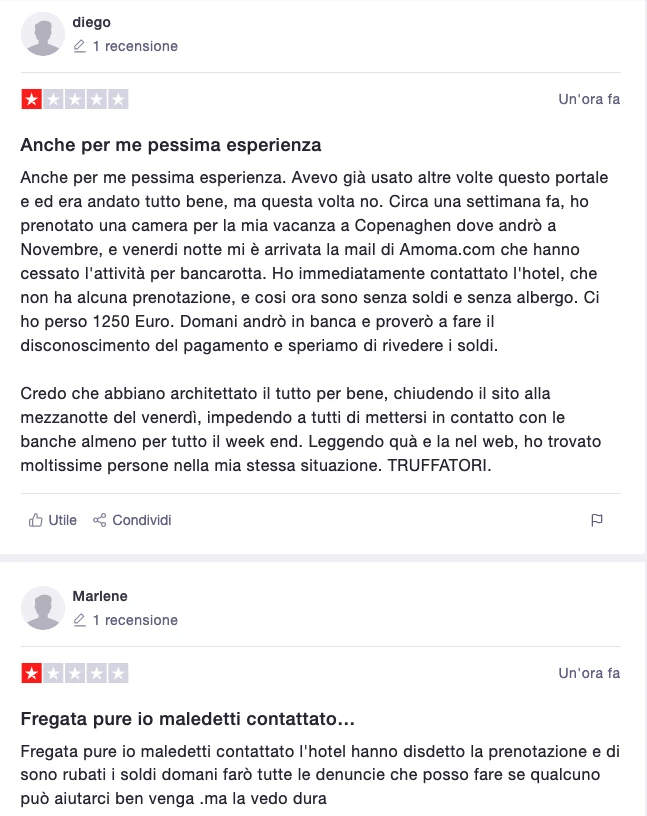 Utenti su Trustpilot che riportano le loro esperienze di truffa con Amoma, evidenziando la perdita di denaro e problemi con le prenotazioni.