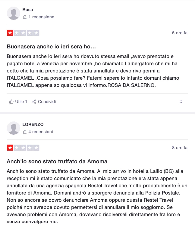 Recensioni negative su Trustpilot riguardanti la truffa di Amoma, con utenti che segnalano prenotazioni annullate.