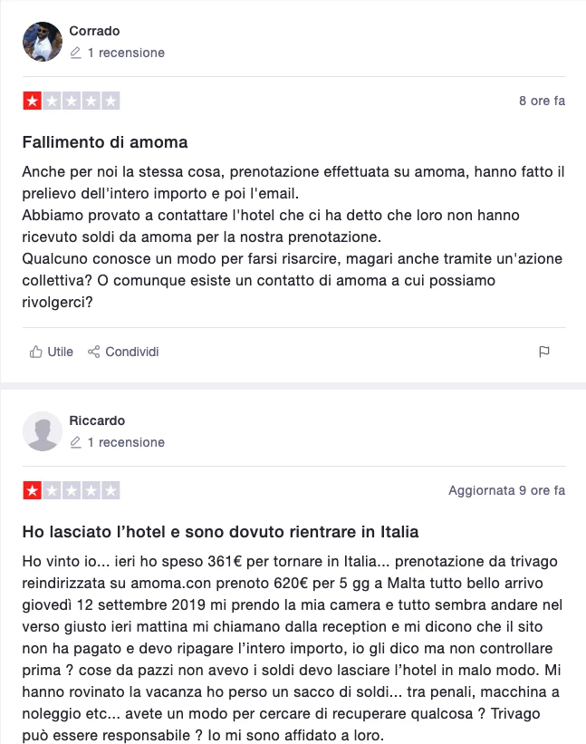Recensioni su Trustpilot di utenti truffati da Amoma, che descrivono le loro esperienze negative con la piattaforma.