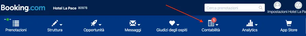 Pagina di Booking.com con menu di navigazione evidenziando l'opzione di contabilità per la gestione delle prenotazioni.