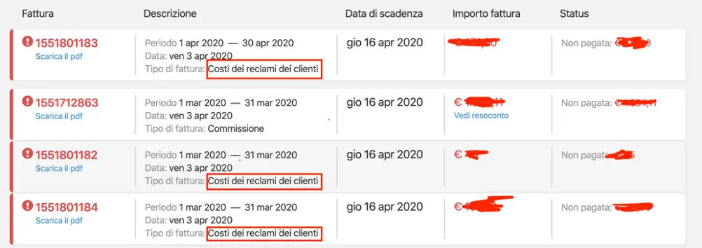 Elenco di fatture non pagate su Booking.com, con descrizioni dei costi dei reclami dei clienti e date di scadenza.
