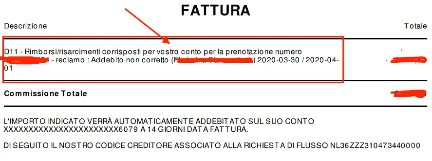 Fattura con dettagli di rimborsi e risarcimenti per vostro conto per la prenotazione con addebito non corretto.