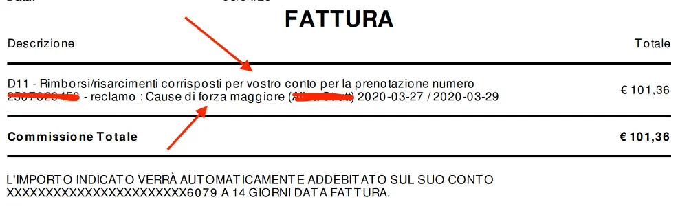Fattura che mostra rimborsi per prenotazione a causa di forza maggiore, con importo totale di €101,36.