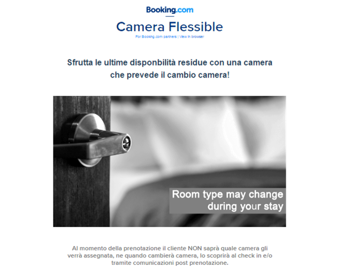 Email promozionale di Booking.com per le camere flessibili con possibilità di cambio camera durante il soggiorno.